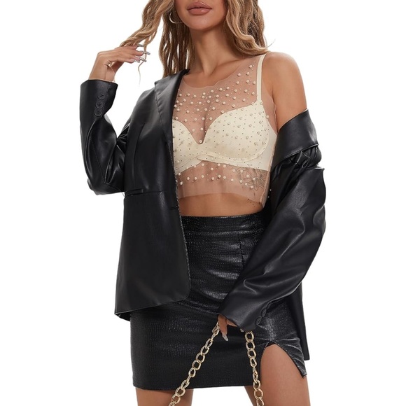 NWT Pearl Top for Women Rhinestone Top Mesh Sheer Shirt Sequin Top Nude - Picture 6 of 6